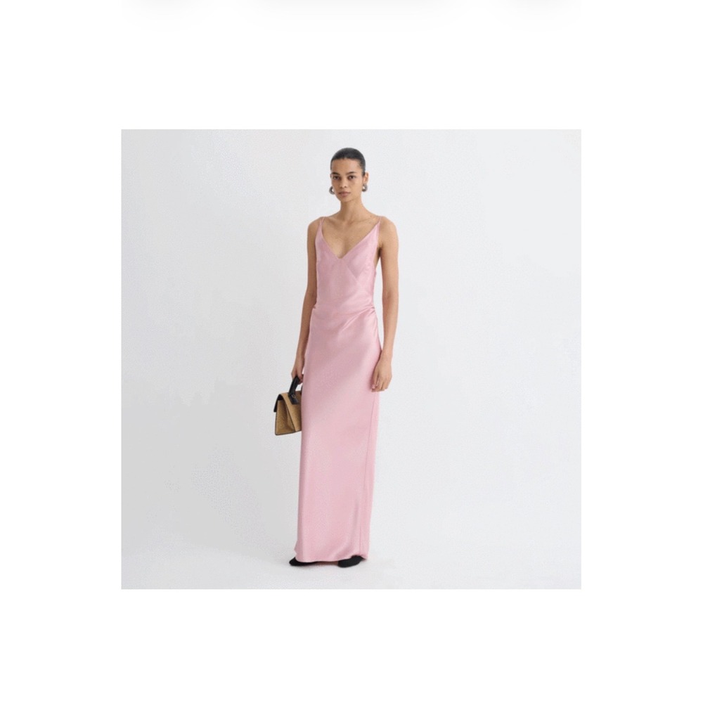 Nanushka Coeus Pink Satin Slip Midi Dress Ruched V-Neck XS NWT